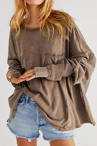 Brown Exposed Seam Thumbhole Drop Shoulder Loose Sweatshirt