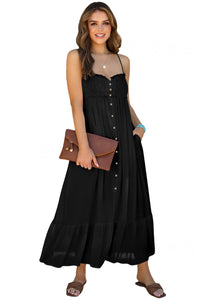 Black Spaghetti Straps Smocked Front Slit Buttoned Maxi Dress with Pockets Summer Vacation Casual Dresses