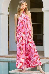 Pink Abstract Swirl Print Halter Maxi Dress