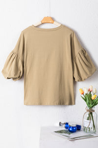 Womens Shirt Light French Beige Solid Color Lantern Sleeve Drop Shoulder Blouse