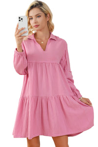 Pink Shirt Dress Women’s Collared Neck Crinkled Tiered Casual Mini Dress