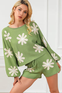 Matching Outfit Set Green Flower Print Bubble Sleeve Knitted Sweater and Shorts Set