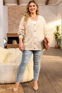 Fashion Open Sweater Apricot Plus Size Knitted Hollow out Button up Cardigan