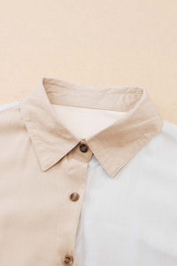 Khaki Colorblock Buttons Shirt-Collar Long Sleeve Pocket Blouse