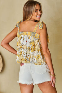 Yellow Floral Patchwork Sleeveless Shirt Women's Tied Straps Buttoned Tank Top