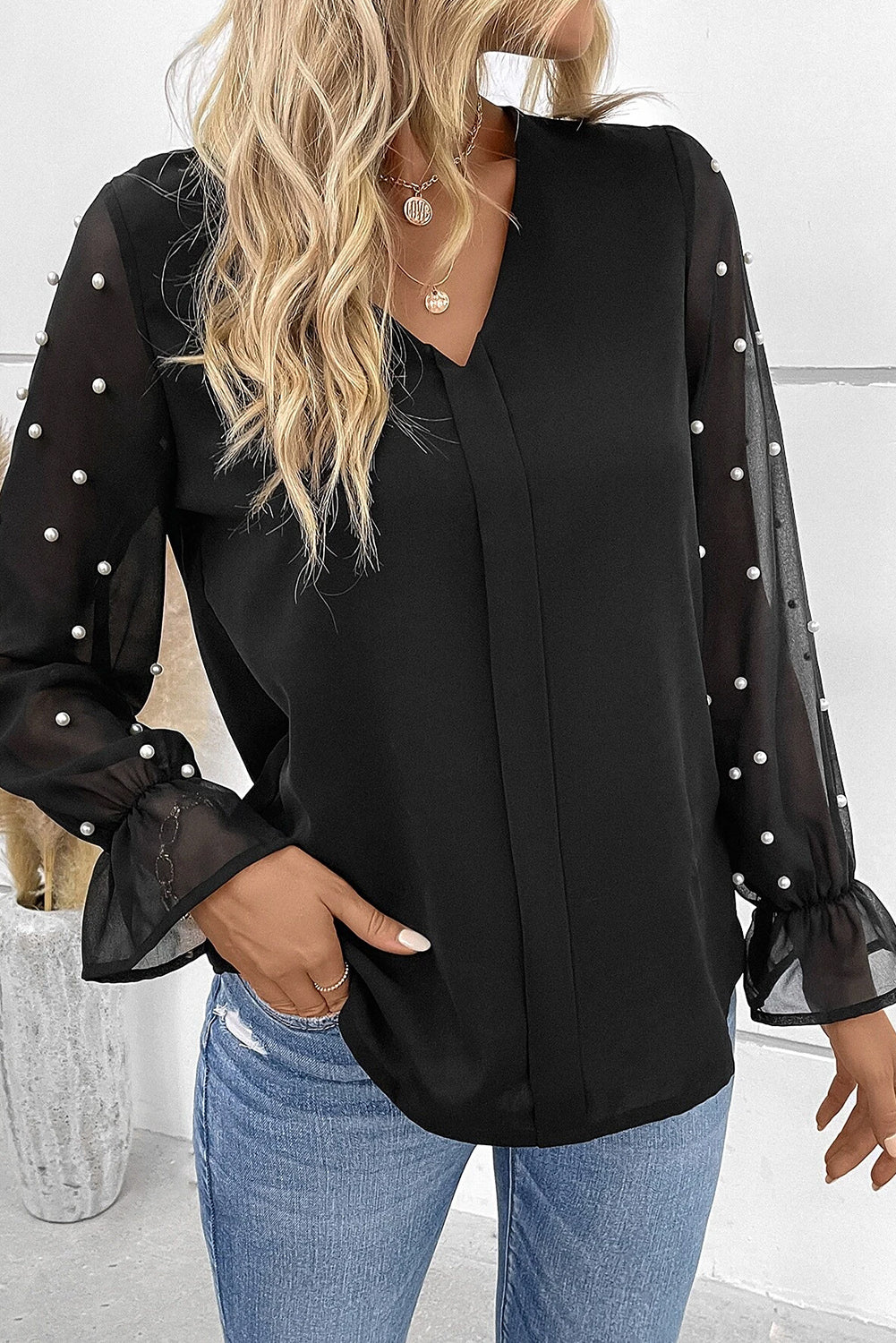 Black Pearl Mesh Sheer Flounce Long Sleeve Sleeve V Neck Blouse Womens Shirts