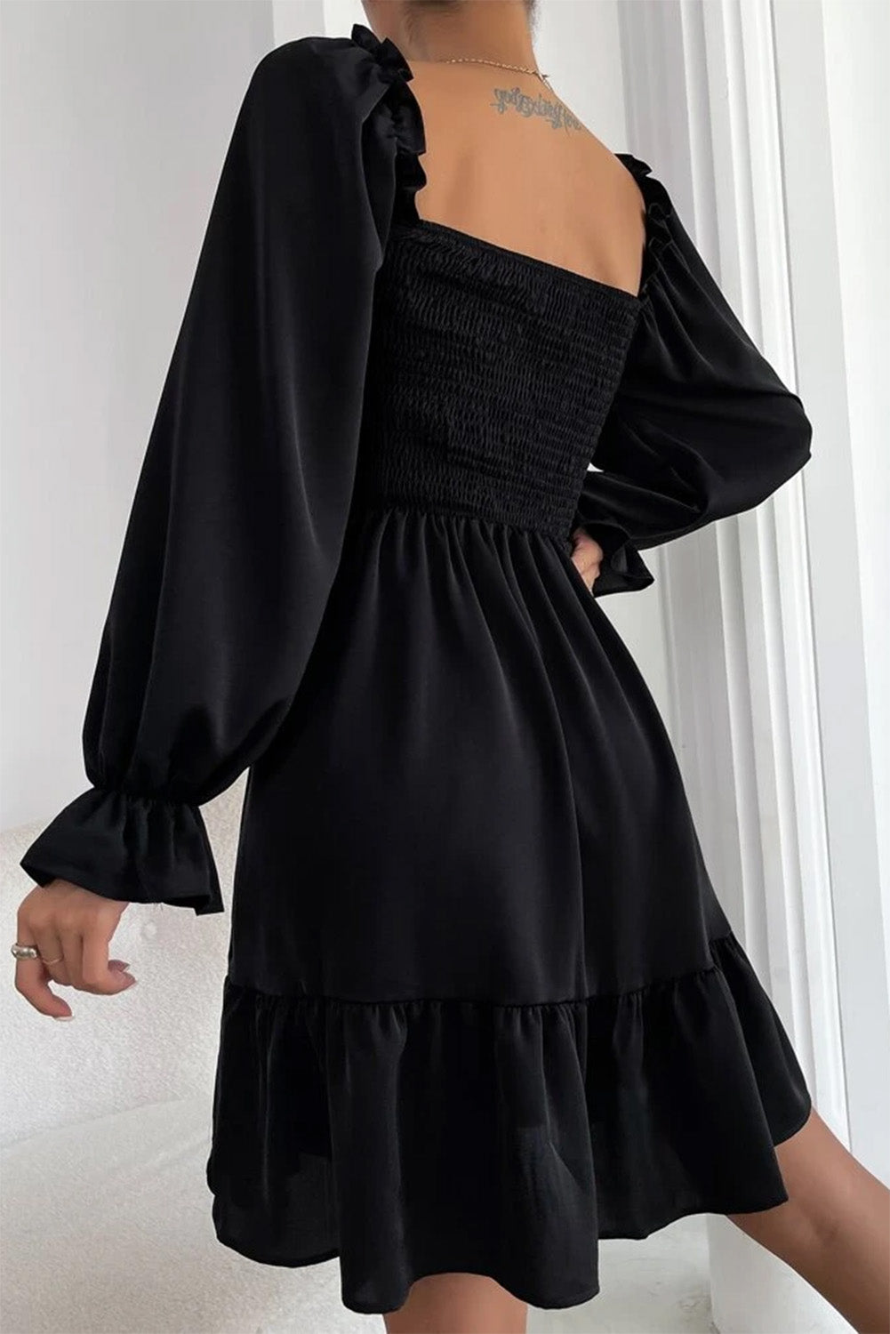 Black Smocked Puff Sleeve Ruffle Mini Dress