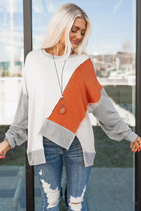 Khaki Colorblock Stitching Irregular Hem Long Sleeve Top