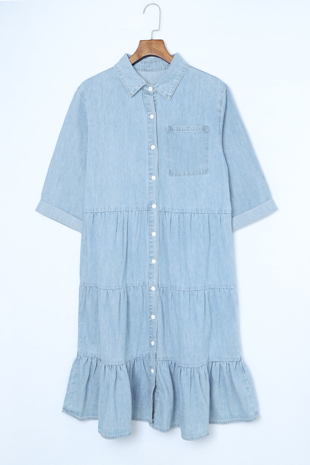 Sky Blue Ruffled Denim Full Buttoned Midi Dress