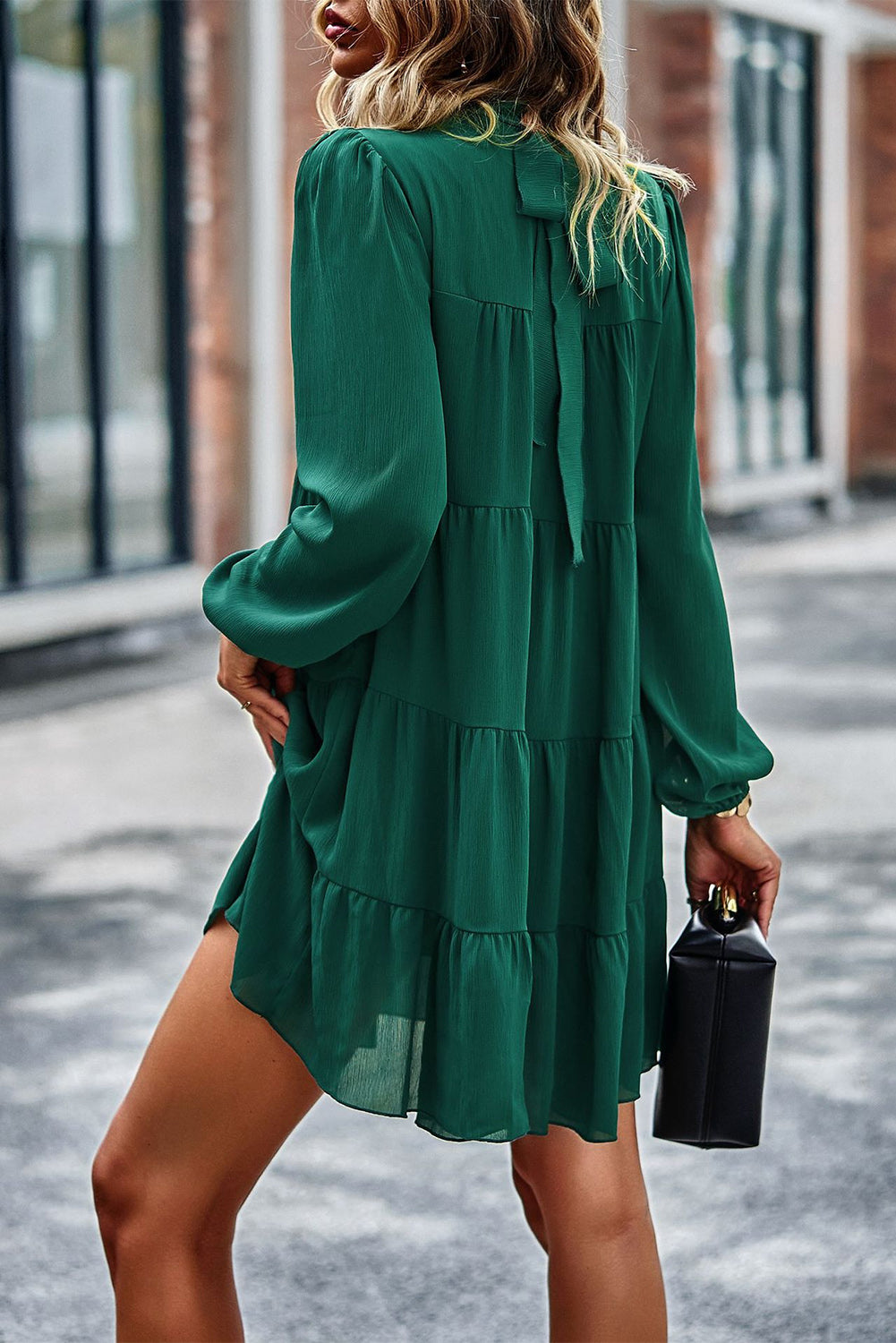 Green Puff Sleeve Mock Neck Back Knot Tiered Dress