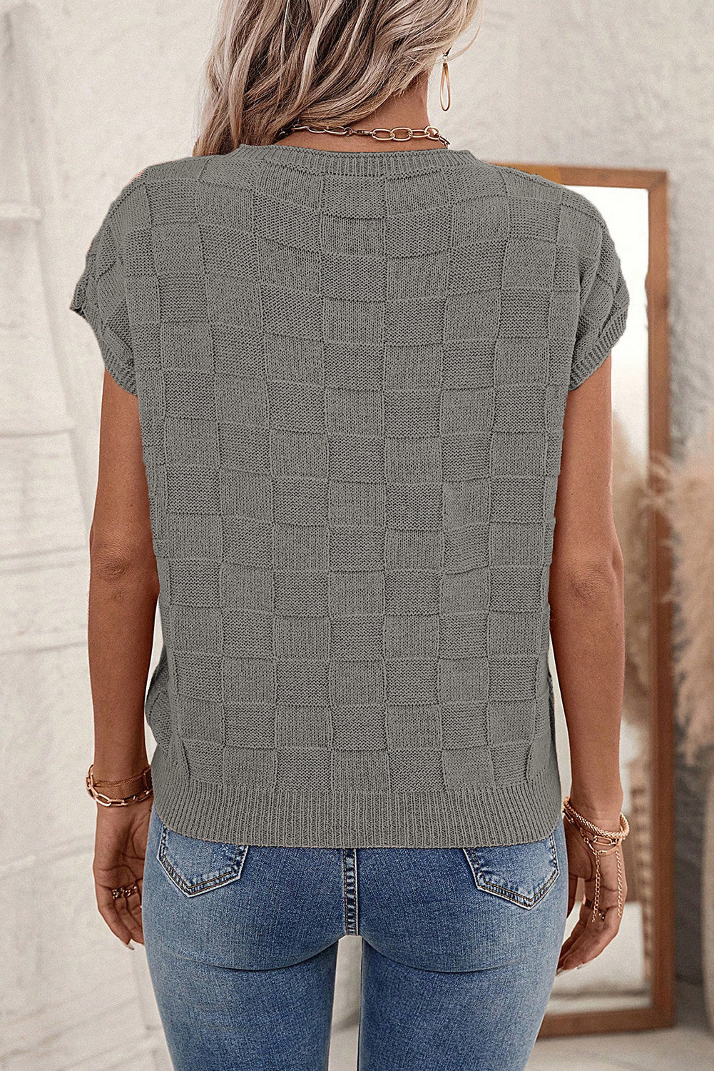 Women's Top Gray Lattice Textured Knit Short Sleeve Grey Sweater