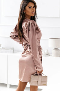 Pink Satin Ruched V-neck Wrapped Mini Dress