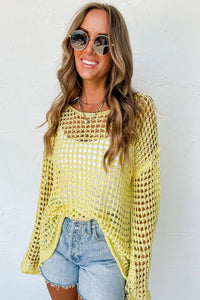 Yellow Open Knit Crochet Bell Sleeve Tunic Sweater Top