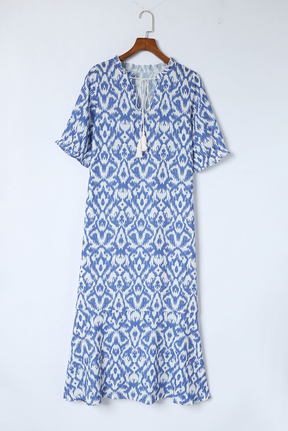 Casual Geometric Print Maxi Dress Sky Blue V Neck Boho Summer Vacation Dresses Loose Fit