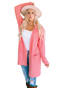 Pink Open Front Pocketed Knit Cardigan