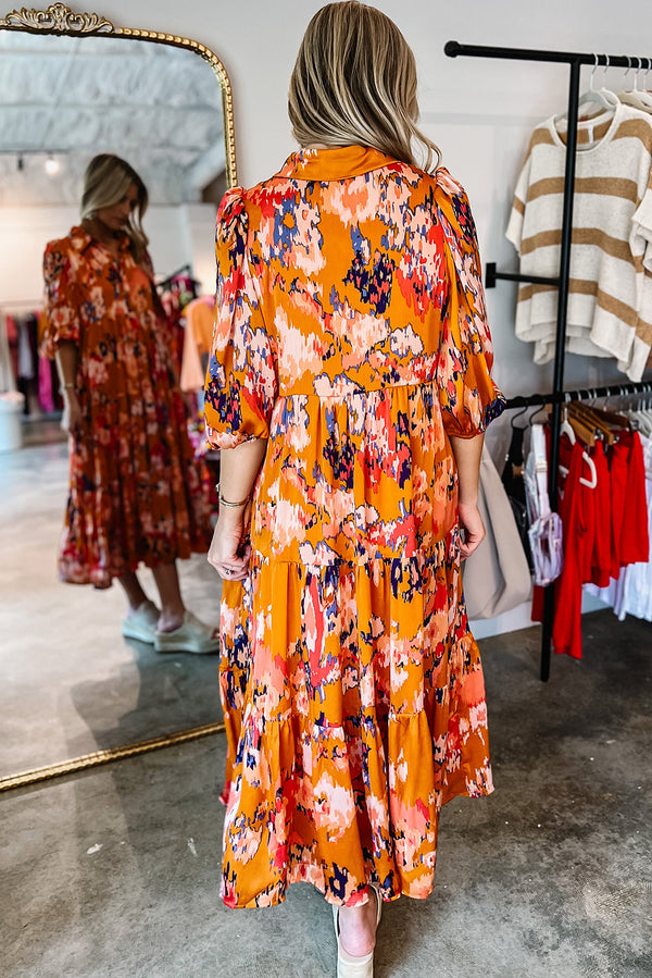 Orange Abstract Print Pleated Half Sleeve Buttoned Maxi Dress