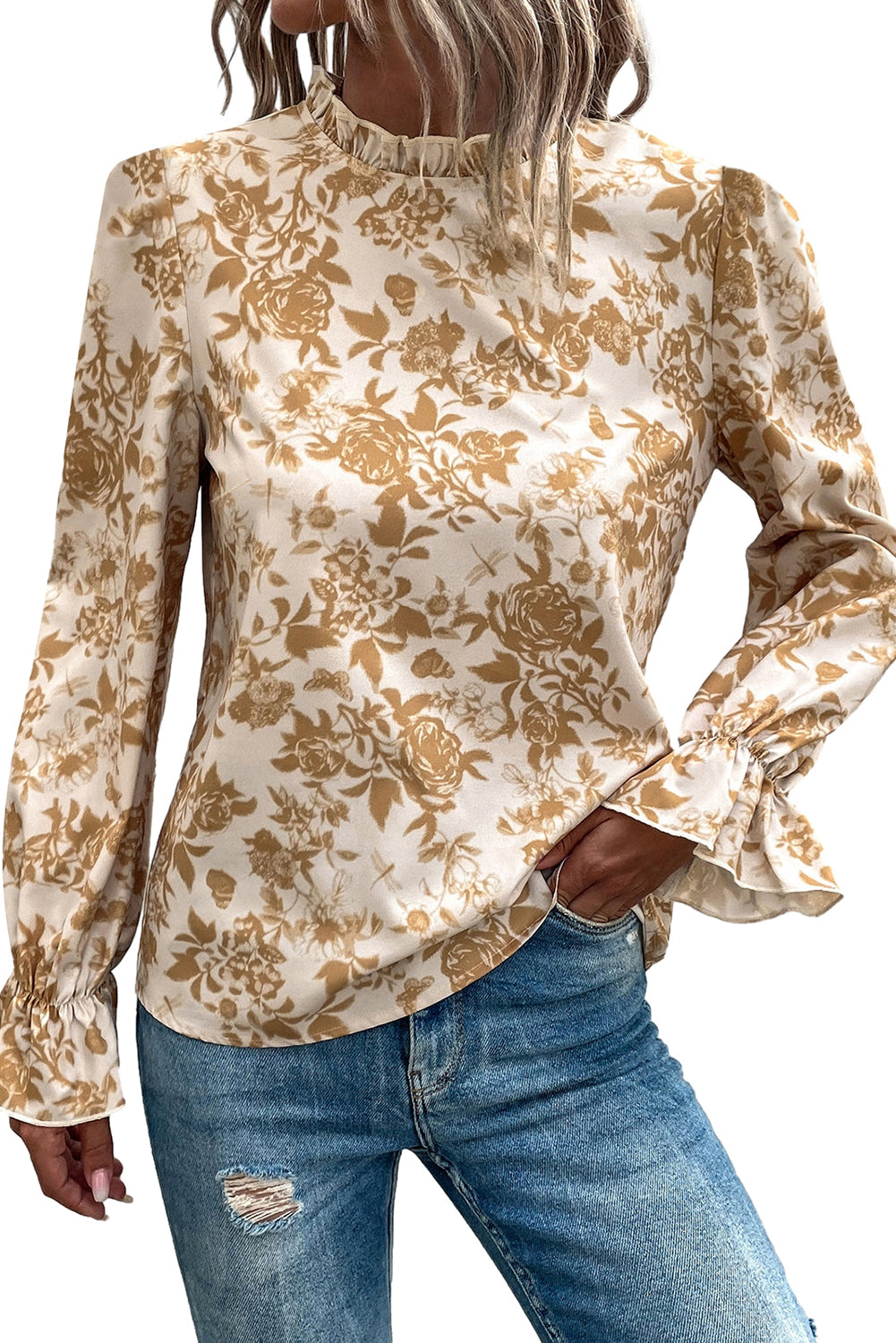 White Floral Print Frilled Neckline Flounce Sleeve Blouse