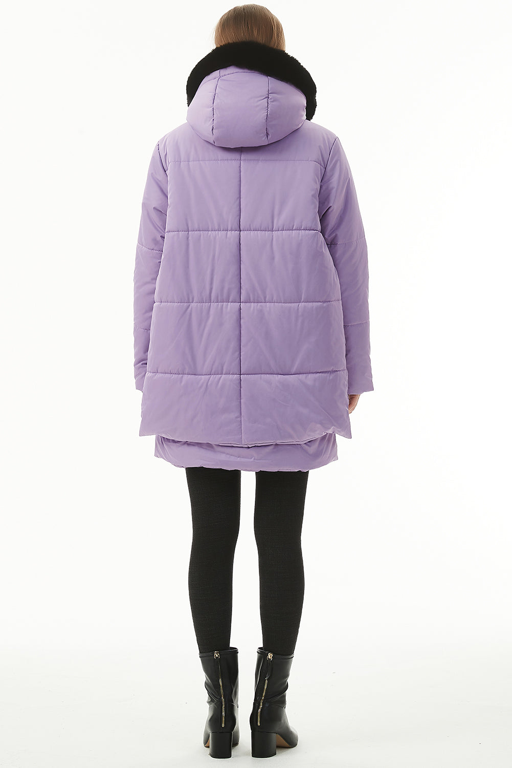 Women's Hooded Puffer Coat Purple  Plush Linen Zip Up Fashion Warm Jacket Outerwear