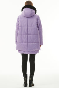 Women's Hooded Puffer Coat Purple  Plush Linen Zip Up Fashion Warm Jacket Outerwear