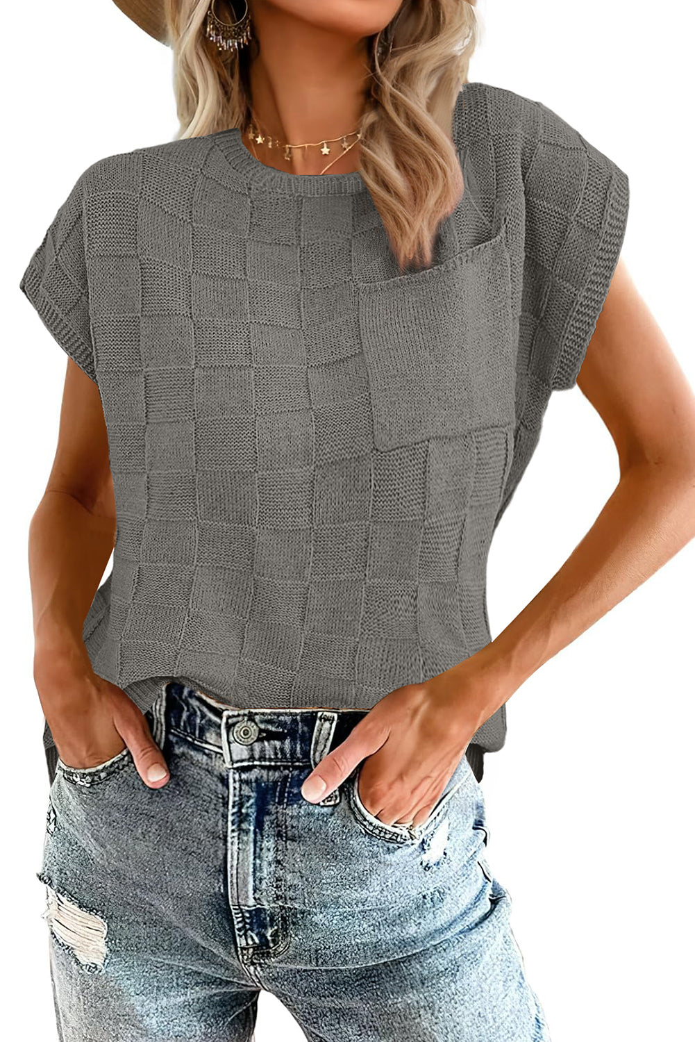 Women's Top Gray Lattice Textured Knit Short Sleeve Grey Sweater