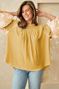 Yellow Long Sleeve Shirt Casual Women's Beige Floral Colorblock Balloon Sleeve Exposed Seam Top KESLEY