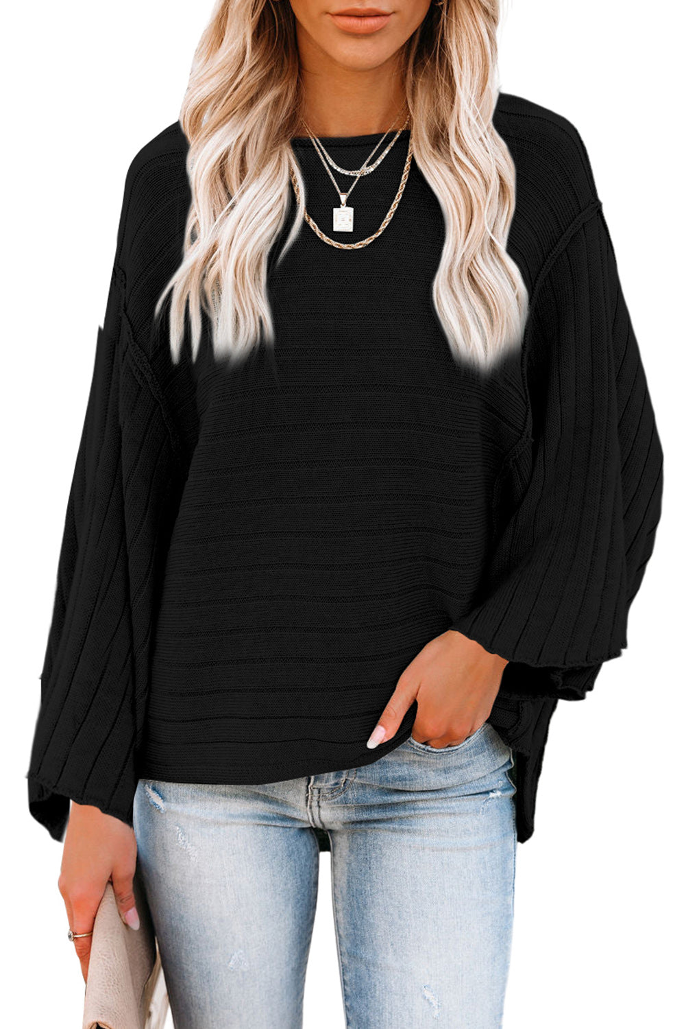 Black Exposed Seam Ribbed Knit Dolman Off The Shoulder Long Sleeve Top