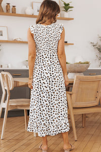 White Leopard Smocked High Low Midi Dress, Casual dress