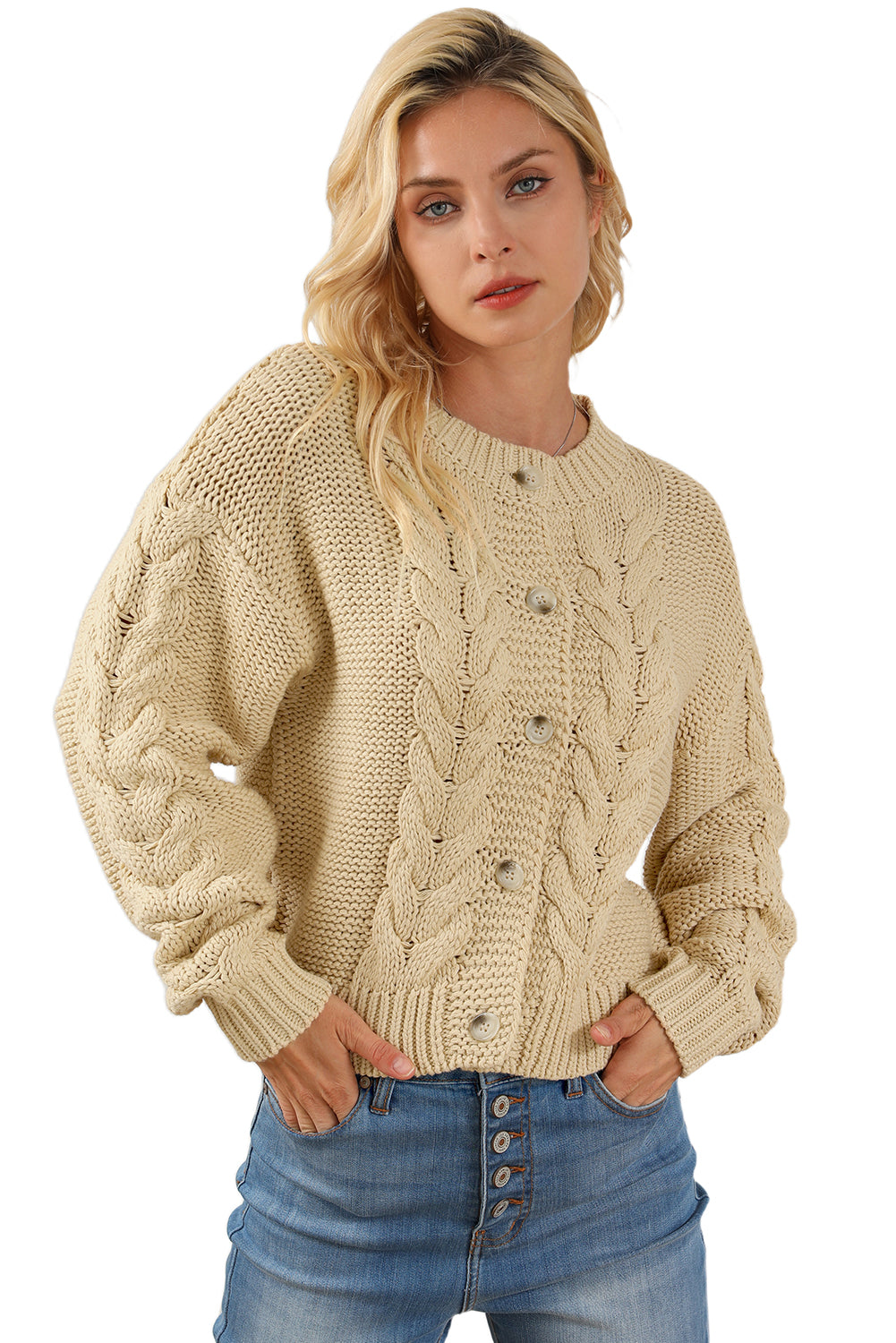 Fashion Open Sweater Apricot Cable Knit Buttoned Cardigan