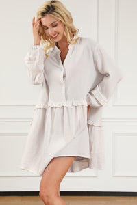 Apricot Frill Trim Half Buttoned Textured Casual Long Sleeve Dress