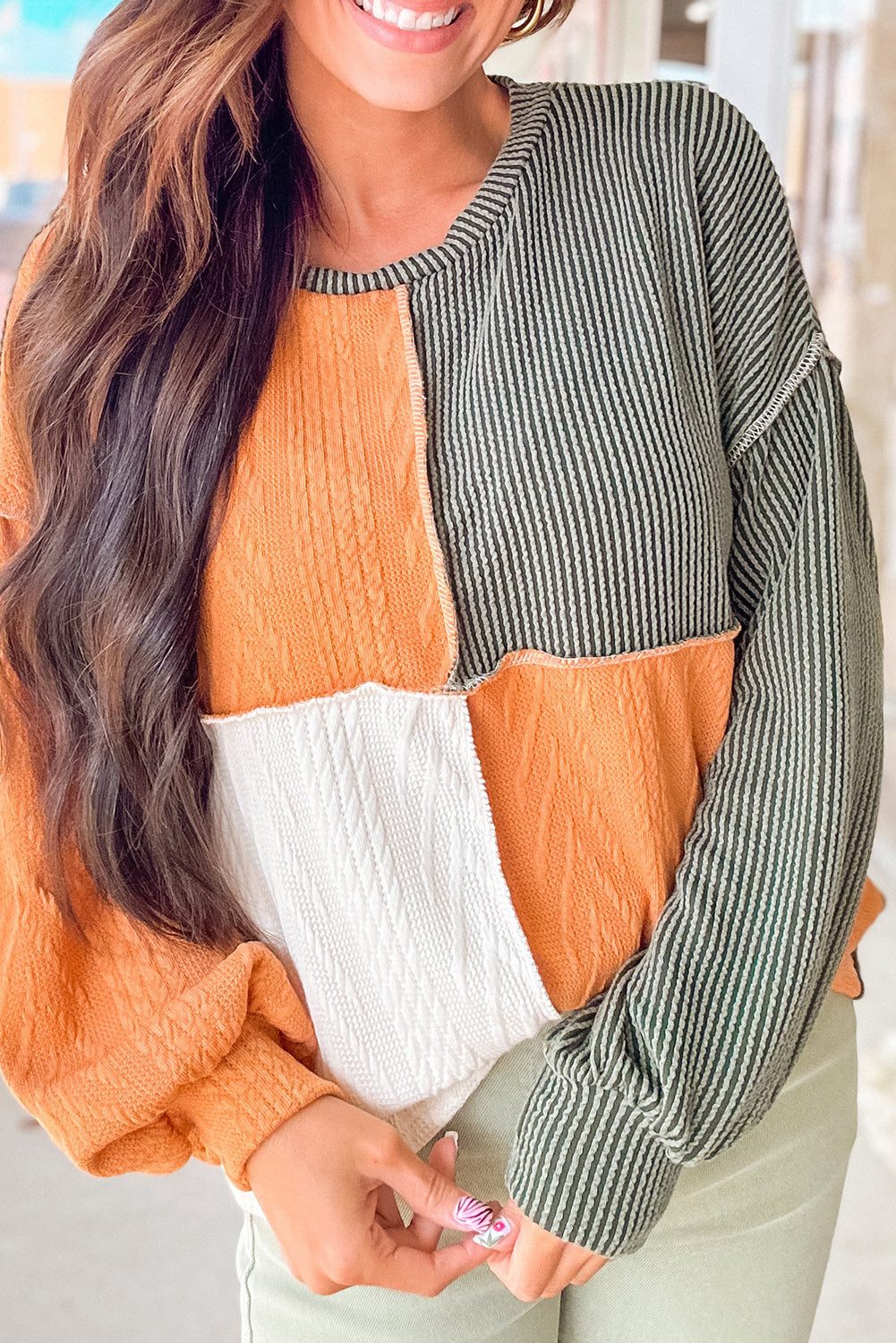 Grapefruit Orange Mixed Texture Color Block Long Sleeve Shirt Top