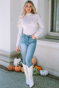 White Star Embellished Sheer Mesh Long Sleeve Top