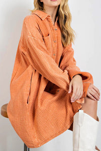 Orange Crinkled Dual Chest Pocket Oversized Shirt Dress Womens Fashion