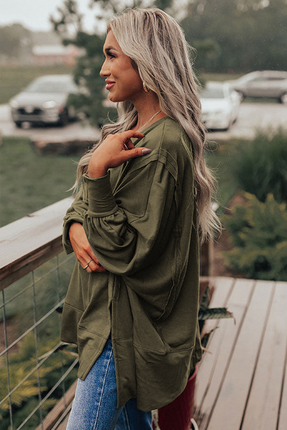 Olive Green Patchwork Drop Shoulder Oversized Top Sweater