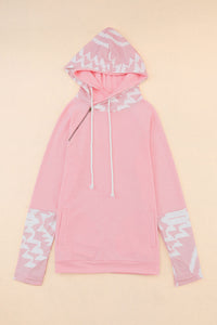 Pink Aztec Print Patchwork Thumb Hole Hoodie