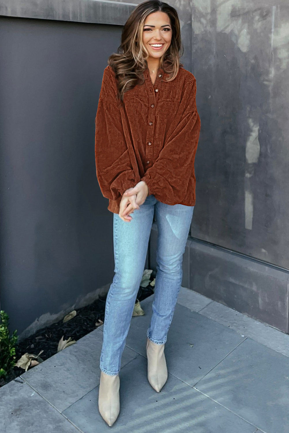 Long Sleeve Shirt Top Ribbed Coffee Textured Corduroy Puff Sleeve Shacket