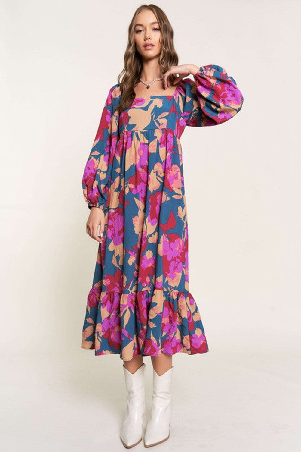 Multicolour Casual Maxi Dress Floral Print Square Neck Ruffled High Waist Long Loose Fit Dress