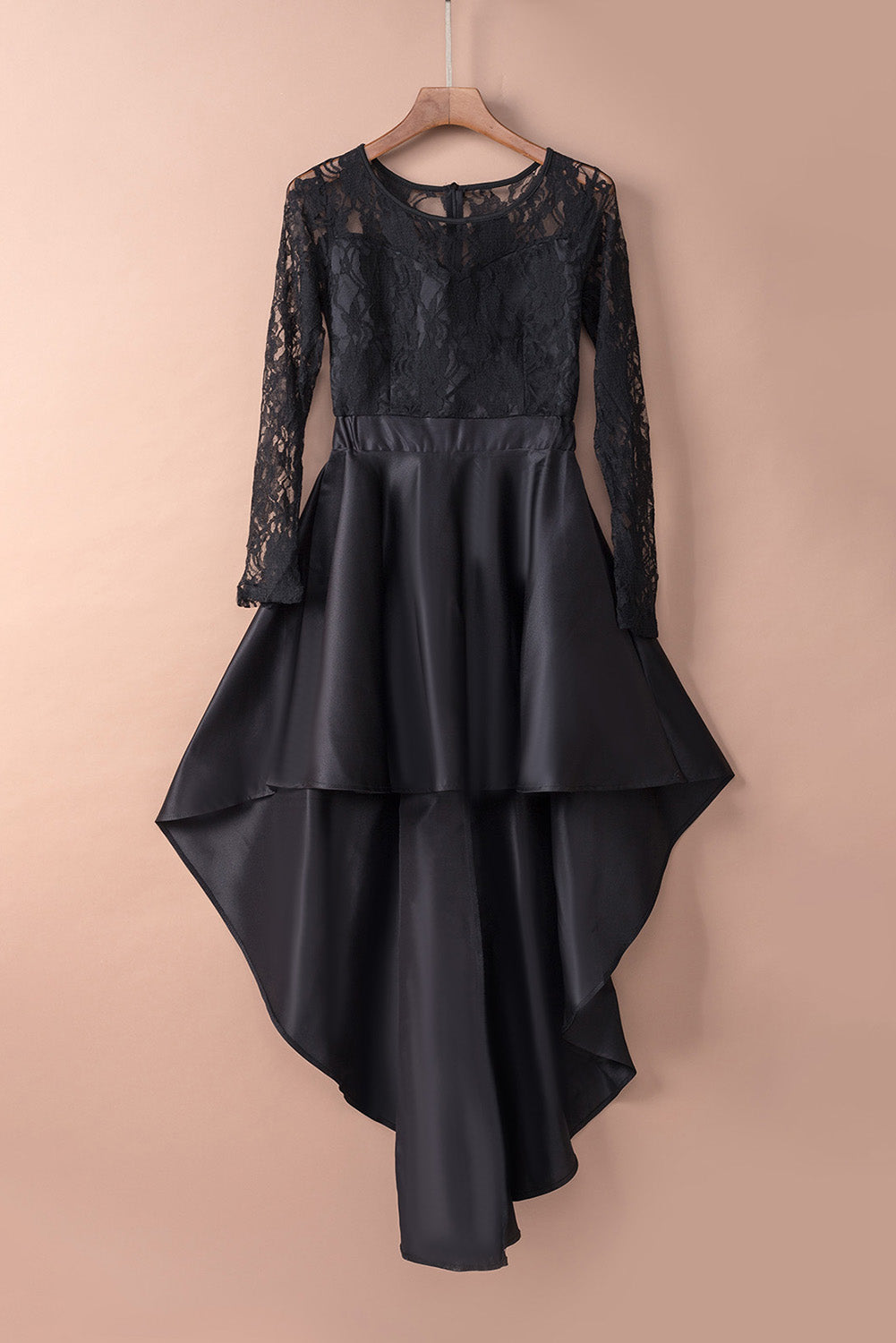 Black Long Sleeve Lace High Low Long Sleeve Satin Evening Dress