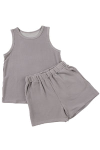 Medium Grey Corded Sleeveless Top and Pocketed Shorts Set Two Piece fashion Outfit Matching Set