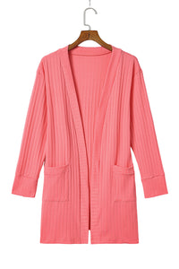 Pink Open Front Pocketed Knit Cardigan