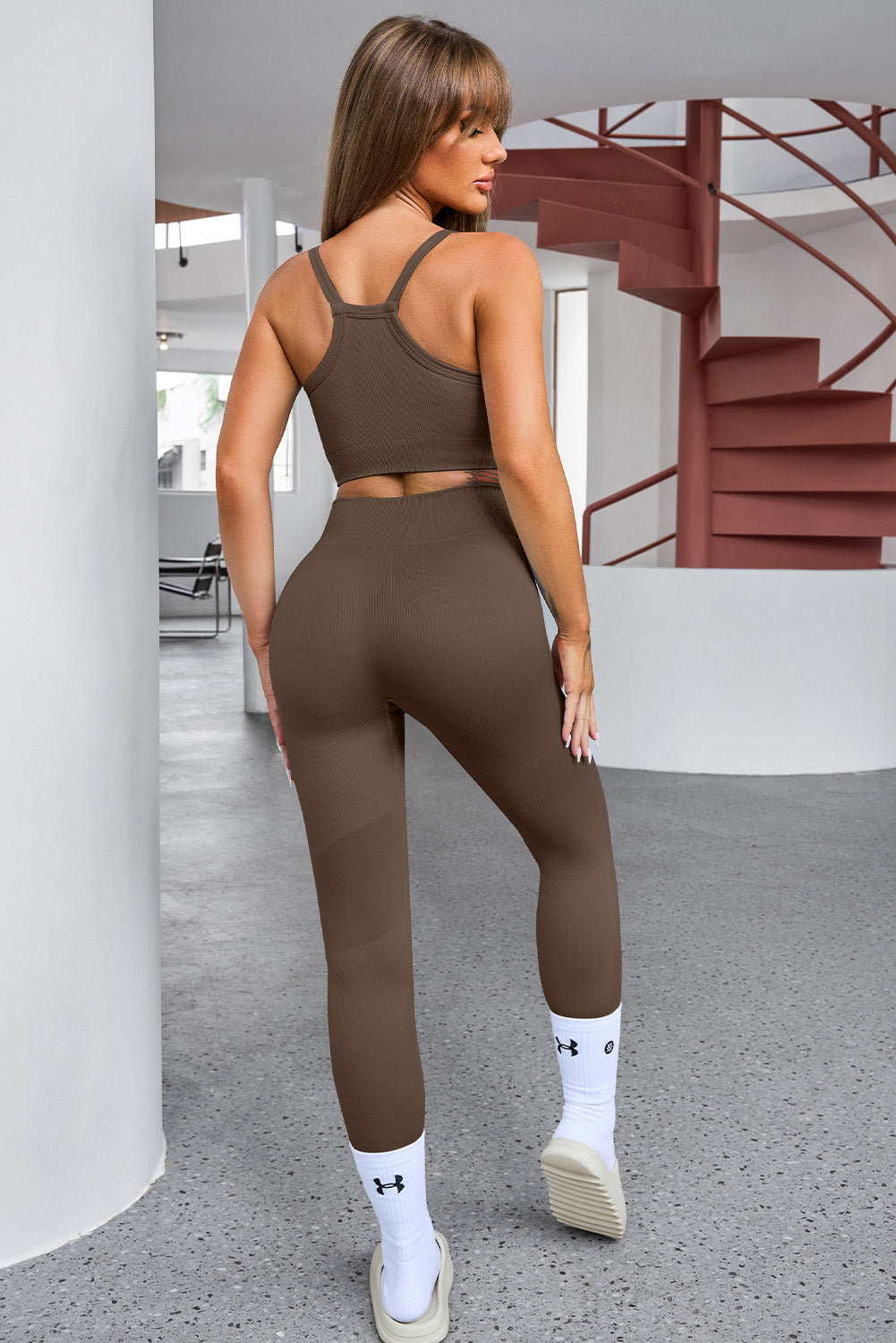 Brown Ribbed Knit 3pcs Sports Set Yoga Gym Outfit Set