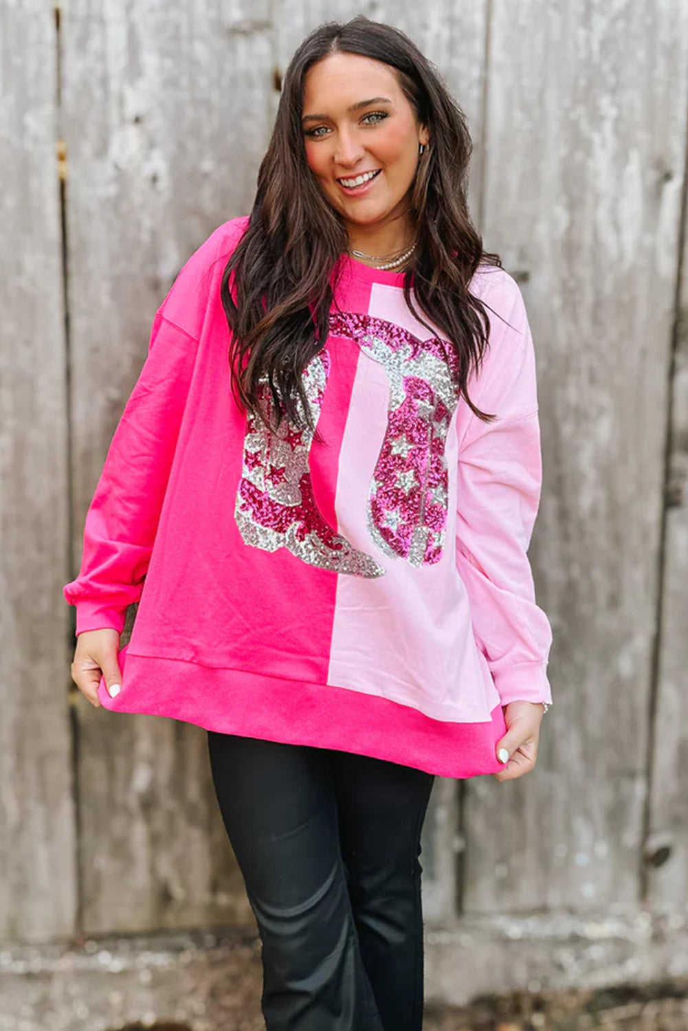 Pink Color Block Sequined Cowgirl Boots Graphic Sweatshirt Fashion Sweater