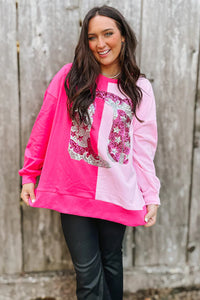 Pink Color Block Sequined Cowgirl Boots Graphic Sweatshirt Fashion Sweater