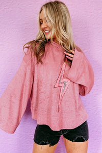 Womens Long Sleeve Shirt With Hood Pink Thunder Bolt Sequin Oversized Hoodie