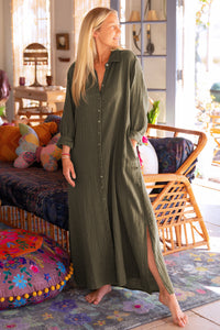 Women’s Fashion Dress Green Crinkle Button Up Casual Split Shirt Maxi Dress