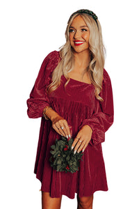 Red Tie Back Square Neck Velvet Babydoll Long Sleeve Dress