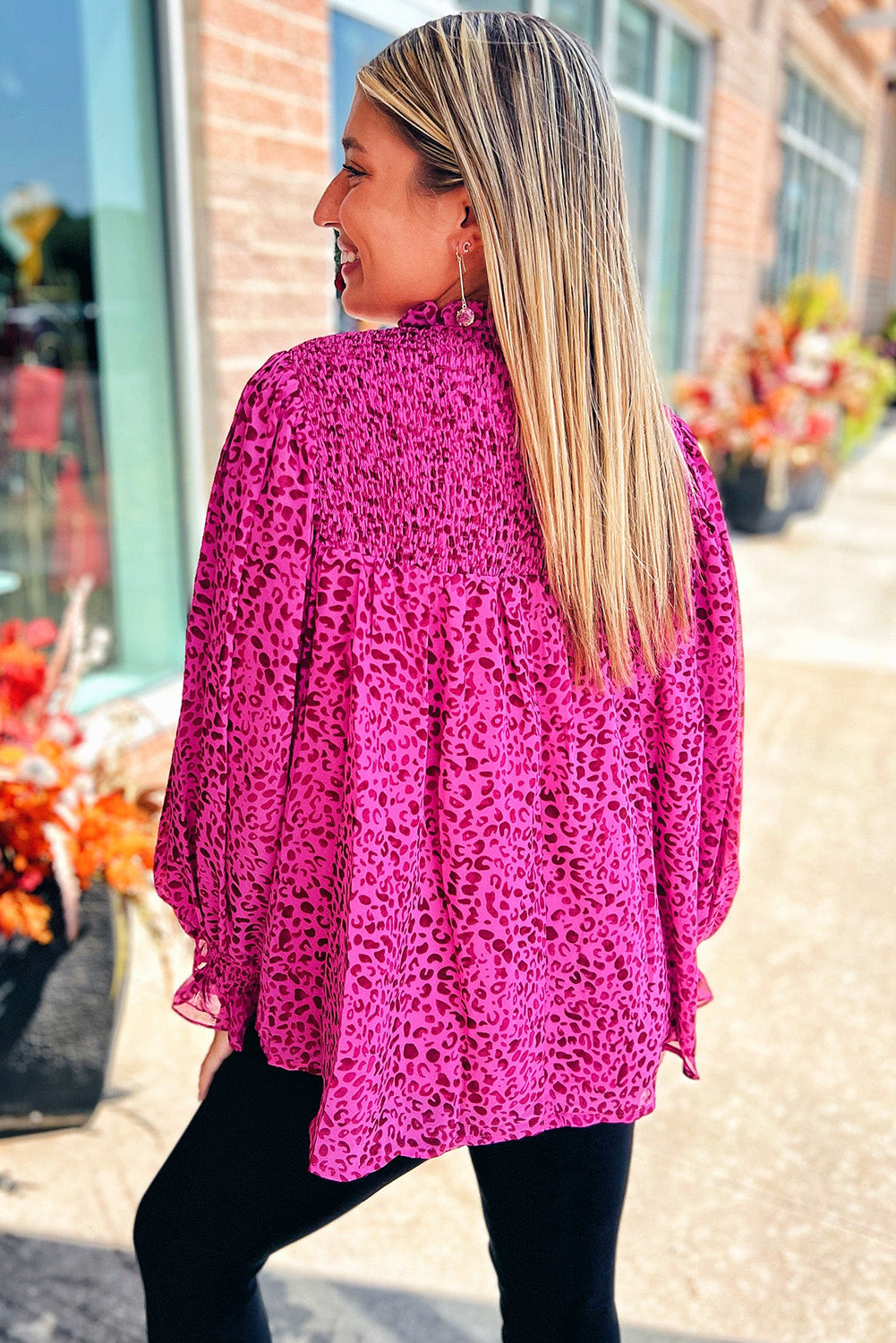 Flowy Top Pink Leopard Shirred Puff Sheer Long Sleeve Flowy Blouse Womens Fashion Shirts