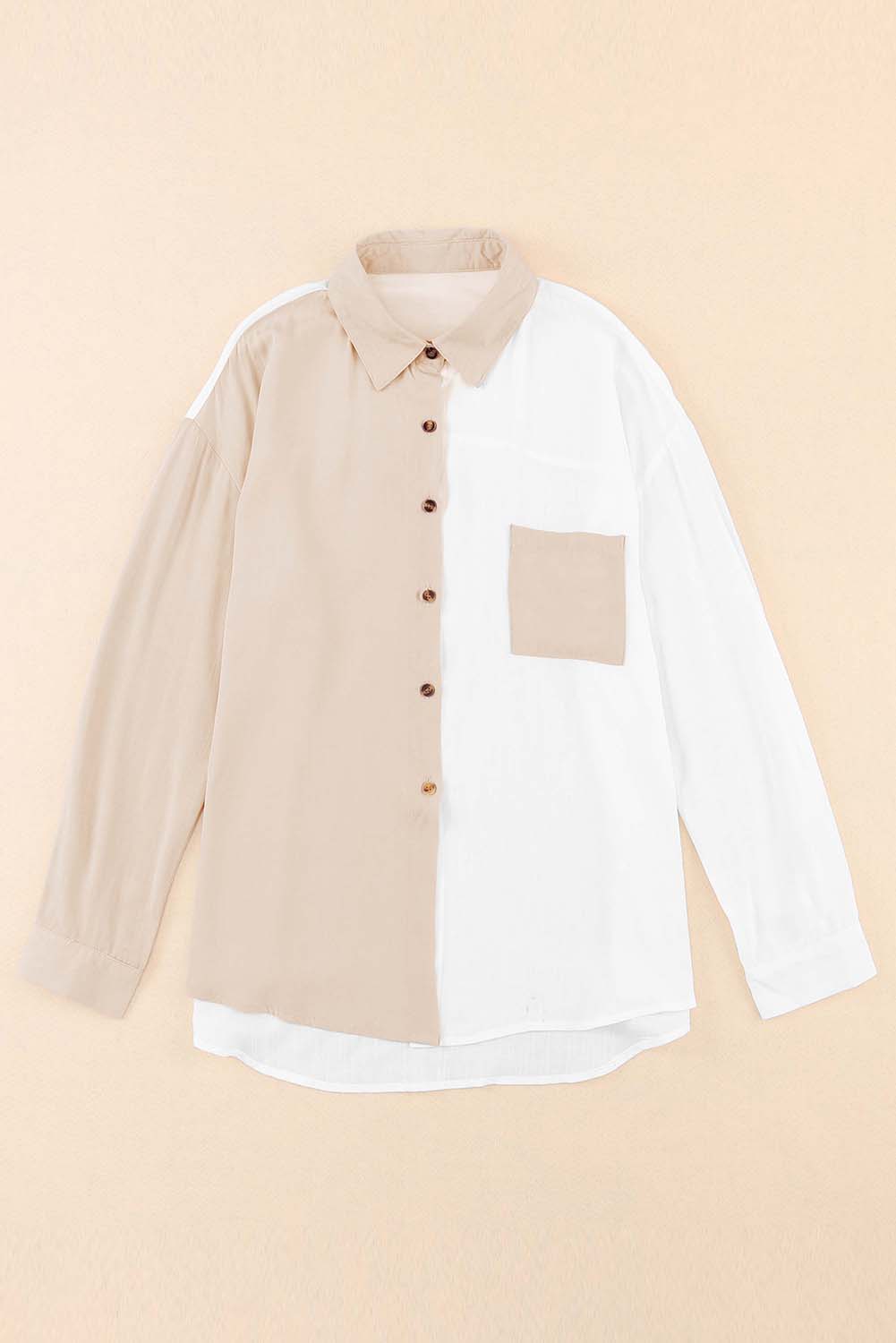 Khaki Colorblock Buttons Shirt-Collar Long Sleeve Pocket Blouse