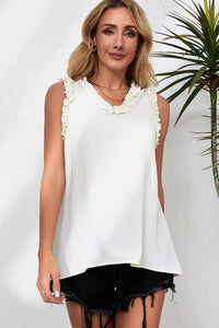 New Fashion sleeveless Shirt Beige flower Frilled Trim V Neck Tank Top