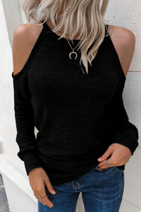 Black Marble Knit Cold Shoulder Cutout Long Sleeve Top