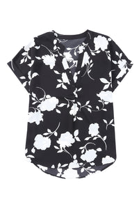 Black Floral Printed Short Sleeve Blouse Womens Casual Shirt Top